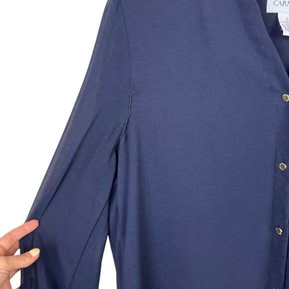Carmen Marc Valvo Navy Sheer Chiffon Long Sleeve Button Up Business Blouse - Picture 10 of 13